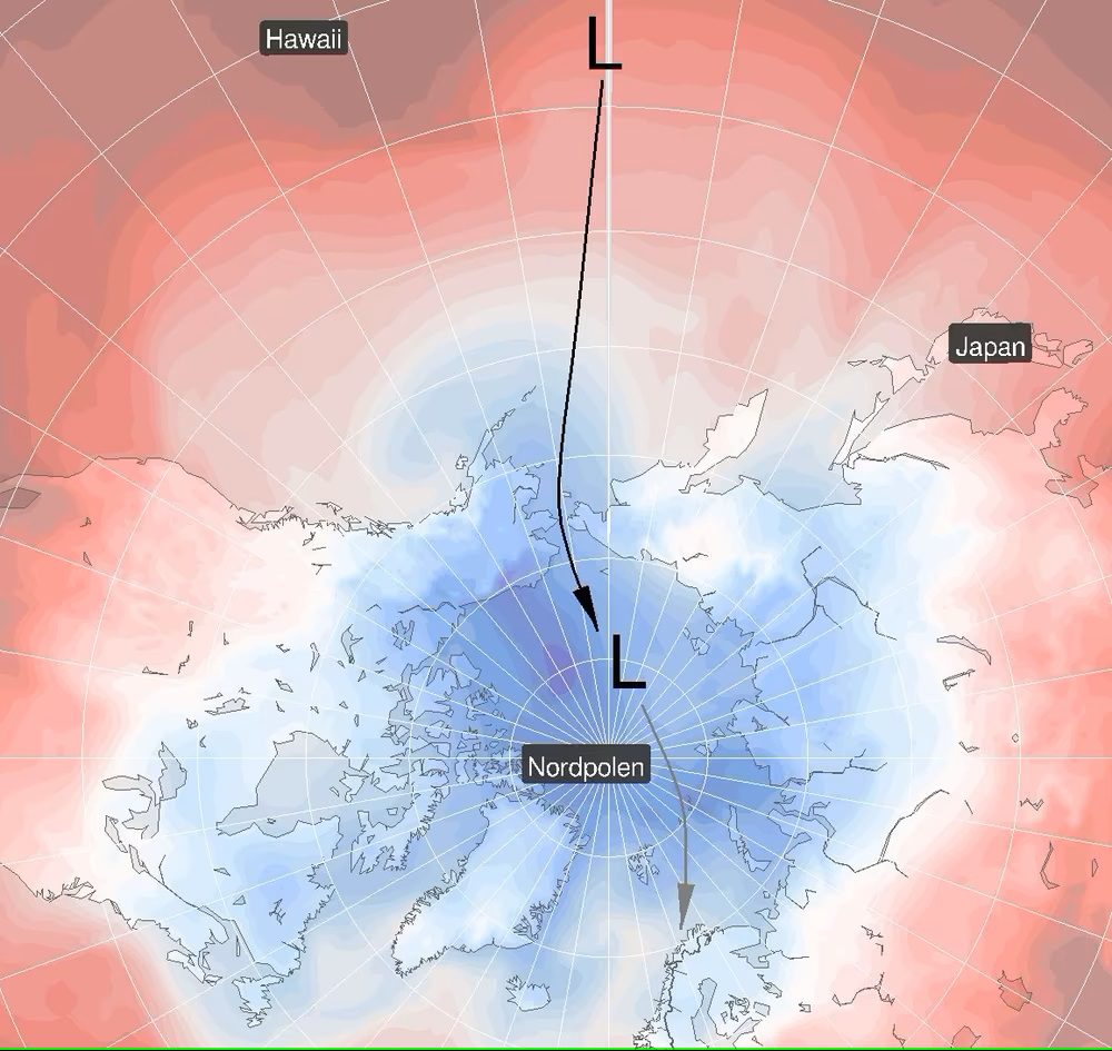 Vi får besøk av et lavtrykk som virkelig har reist langt. Foto: Meteorologene på Twitter